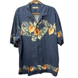 Tommy Bahama Woven Silk Shirt Hawaiian Tropical Loop Collar Short Sleeve Mens L